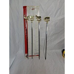 4 VTG MCM Brass Colored Stainless Steel Skewers 11in Pig Chicken Cow Sheep